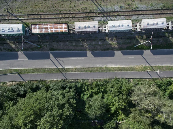 Järnväg Tåg Med Vagnar Utsikt Från Ovan — Stockfoto
