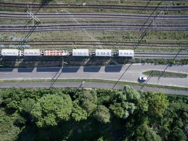 Trein Treinen Met Wagons Uitzicht Vanaf Boven — Stockfoto