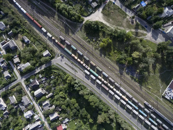 Eisenbahn Züge Mit Waggons Blick Von Oben — Stockfoto