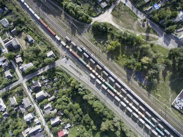Trein Treinen Met Wagons Uitzicht Vanaf Boven — Stockfoto
