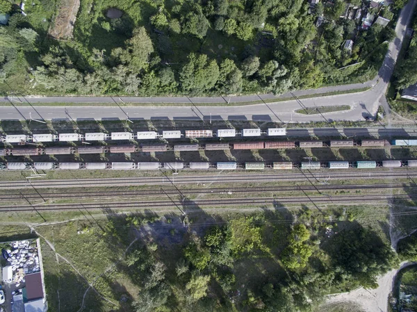 Trein Treinen Met Wagons Uitzicht Vanaf Boven — Stockfoto