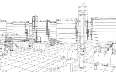 Petrol rafinerisi, kimyasal üretim, atık işleme tesisi, dış görselleştirme, 3D illüstrasyon
