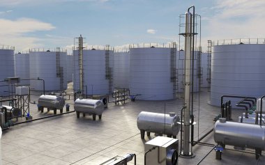 Petrol rafinerisi, kimyasal üretim, atık işleme tesisi, dış görselleştirme, 3D illüstrasyon