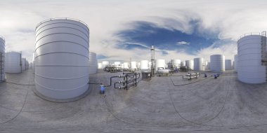 Petrol rafinerisi, kimyasal üretim, atık işleme tesisi, dış görselleştirme, 3D illüstrasyon