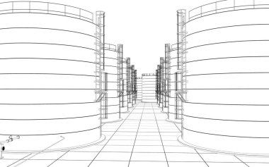Petrol rafinerisi, kimyasal üretim, atık işleme tesisi, dış görselleştirme, 3D illüstrasyon