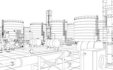 Petrol rafinerisi, kimyasal üretim, atık işleme tesisi, dış görselleştirme, 3D illüstrasyon
