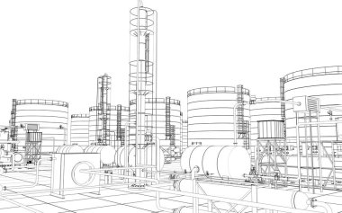 Petrol rafinerisi, kimyasal üretim, atık işleme tesisi, dış görselleştirme, 3D illüstrasyon
