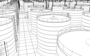Petrol rafinerisi, kimyasal üretim, atık işleme tesisi, dış görselleştirme, 3D illüstrasyon