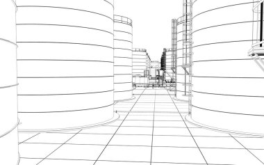 Petrol rafinerisi, kimyasal üretim, atık işleme tesisi, dış görselleştirme, 3D illüstrasyon