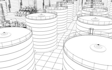 Petrol rafinerisi, kimyasal üretim, atık işleme tesisi, dış görselleştirme, 3D illüstrasyon