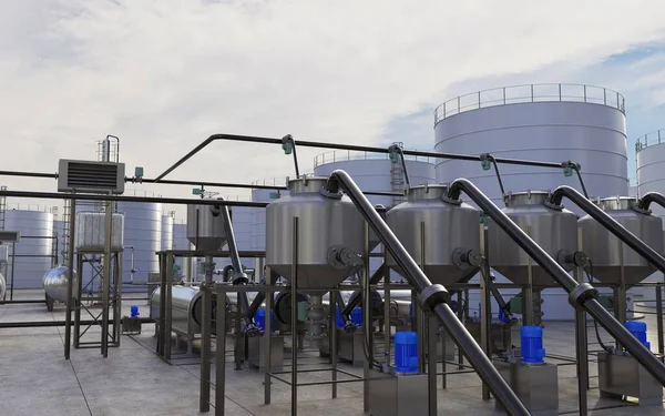 Petrol rafinerisi, kimyasal üretim, atık işleme tesisi, dış görselleştirme, 3D illüstrasyon