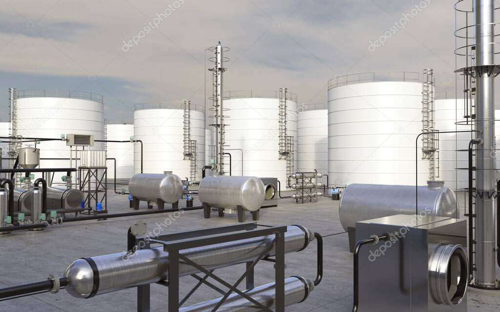 oil refinery, chemical production, waste processing plant, exterior visualization, 3D illustration