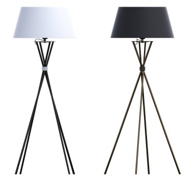 Beyaz arka planda izole edilmiş zemin lambaları, iç mobilyalar, üç boyutlu illüstrasyon                