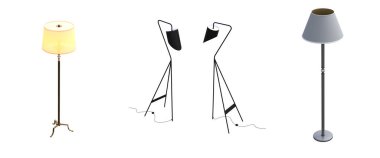 Beyaz arka planda izole edilmiş zemin lambaları, iç mobilyalar, üç boyutlu illüstrasyon                