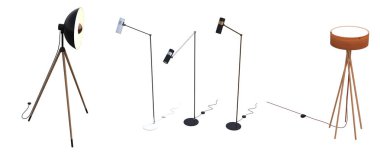 Beyaz arka planda izole edilmiş zemin lambaları, iç mobilyalar, üç boyutlu illüstrasyon                