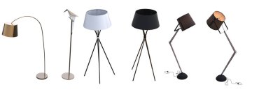 Beyaz arka planda izole edilmiş zemin lambaları, iç mobilyalar, üç boyutlu illüstrasyon                