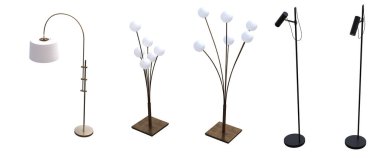 Beyaz arka planda izole edilmiş zemin lambaları, iç mobilyalar, üç boyutlu illüstrasyon                