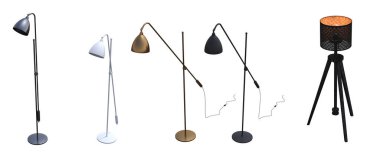 Beyaz arka planda izole edilmiş zemin lambaları, iç mobilyalar, üç boyutlu illüstrasyon                