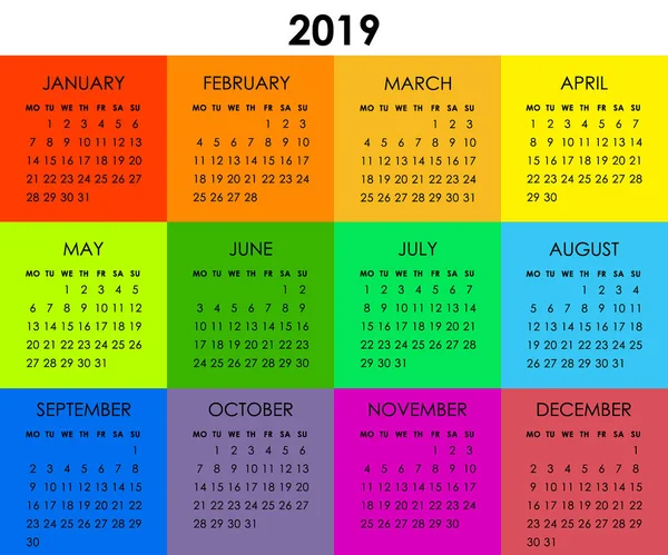 Calendário colorido para 2019 ano. Semana começa segunda-feira — Vetor de Stock