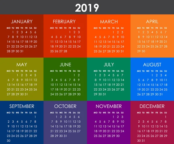 Calendario colorido para el año 2019. La semana comienza el lunes — Vector de stock