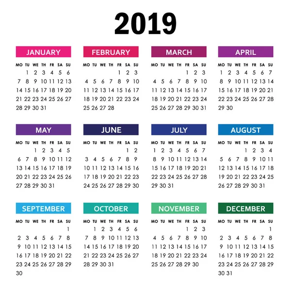 Calendario colorido para el año 2019. La semana comienza el lunes — Archivo Imágenes Vectoriales