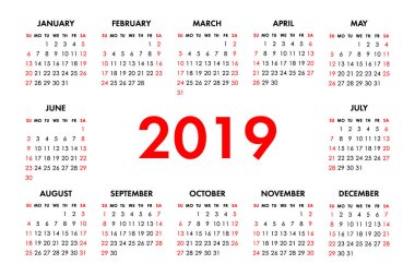 Takvim 2019 yıl beyaz zemin üzerinde. Hafta Pazar günü başlar