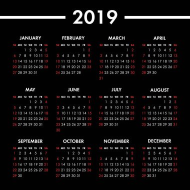 Takvim 2019 yıl siyah arka plan üzerine. Hafta Pazar günü başlar