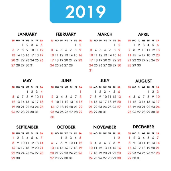 2019 ημερολογιακό έτος σε λευκό φόντο. Εβδομάδα ξεκινά την Κυριακή — Διανυσματικό Αρχείο