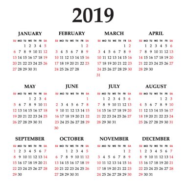 Takvim 2019 yıl beyaz zemin üzerinde. Hafta Pazar günü başlar