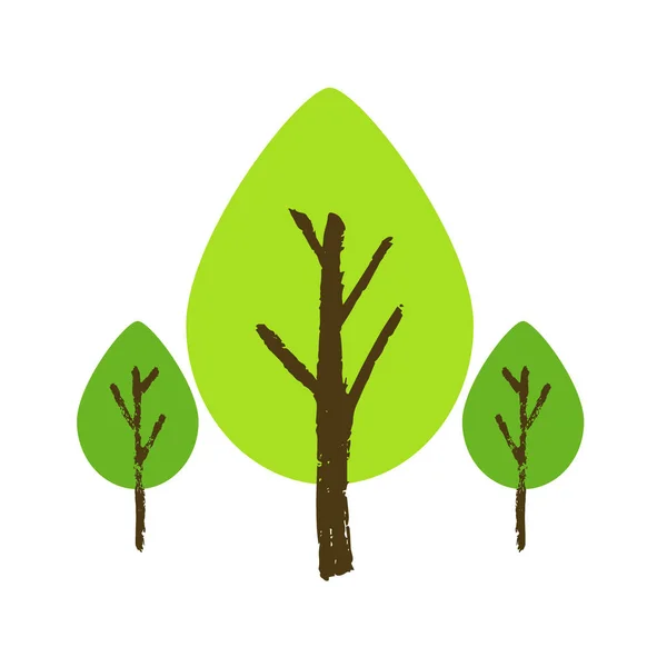 Brosse arbre peint isolé sur un fond blanc. Arbres dessinés à la main dans le style dessin animé — Image vectorielle