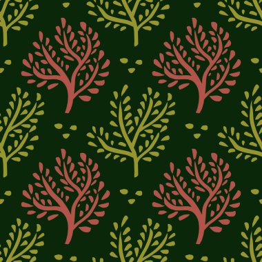 Kusursuz çiçek süsü. El çizimi ağaçlar, orman arka planı