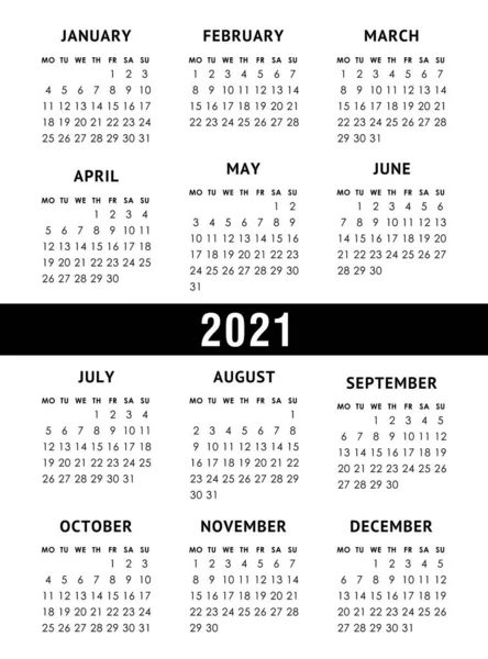 Vector calendar for 2021 year. Week starts monday — Stock Vector