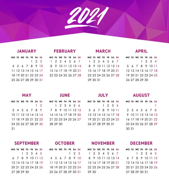 Векторный календарь на 2021 год. Неделя начинается в понедельник. Чёрный фон — стоковый вектор