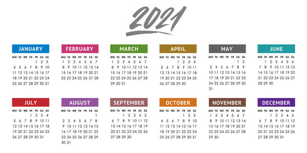 Vector calendar for 2021 year. Week starts Monday