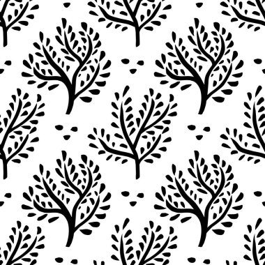 Kusursuz çiçek süsü. El çizimi ağaçlar, orman arka planı