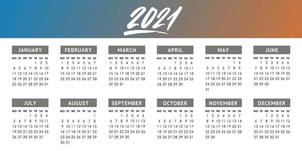 Vector calendar for 2021 year. Week starts monday