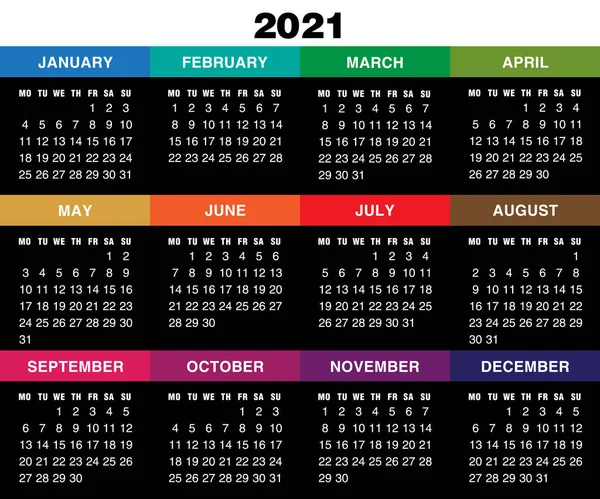 Vector calendar for 2021 year on black background. Week starts monday — Stock Vector