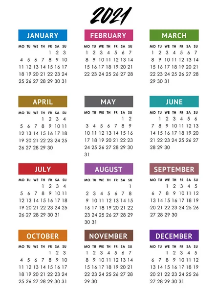 Vektorkalender för 2021 år. Veckan börjar måndag — Stock vektor