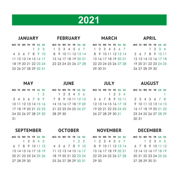 Vektorkalender för 2021 år. Veckan börjar måndag — Stock vektor