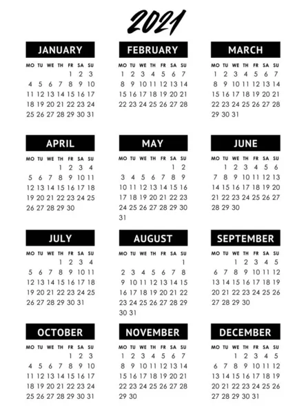 2021年のベクトルカレンダー。週は月曜日から ロイヤリティフリーのストックイラスト