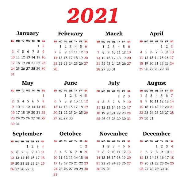 Vector calendar for 2021 year. Week starts Sunday — Stock Vector