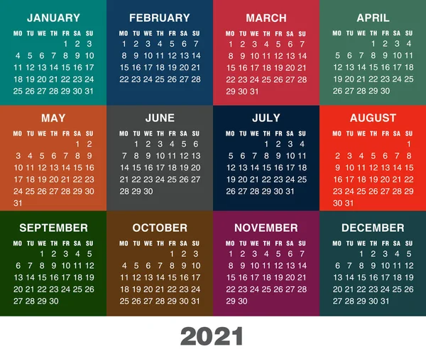 Барвистий календар на 2021 рік. Тиждень починається понеділок — стоковий вектор