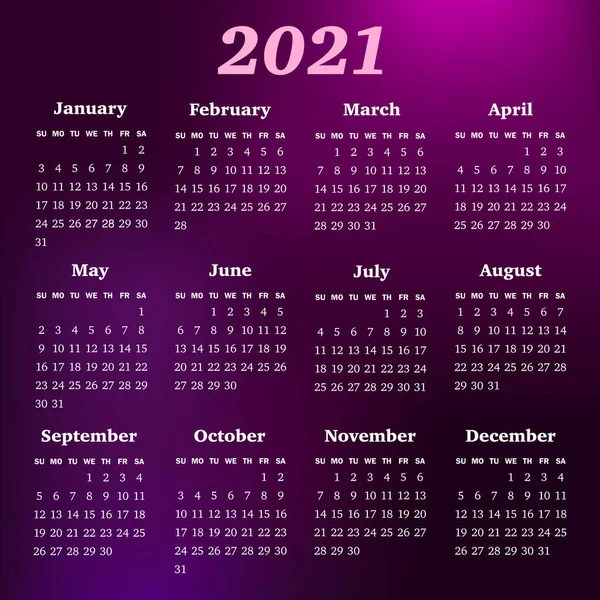 Vector calendar for 2021 year. Week starts Sunday — Stock Vector