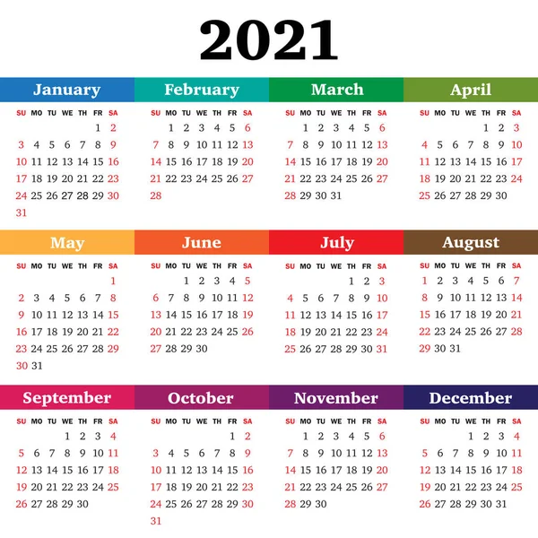 Vector calendar for 2021 year. Week starts Sunday — Stock Vector