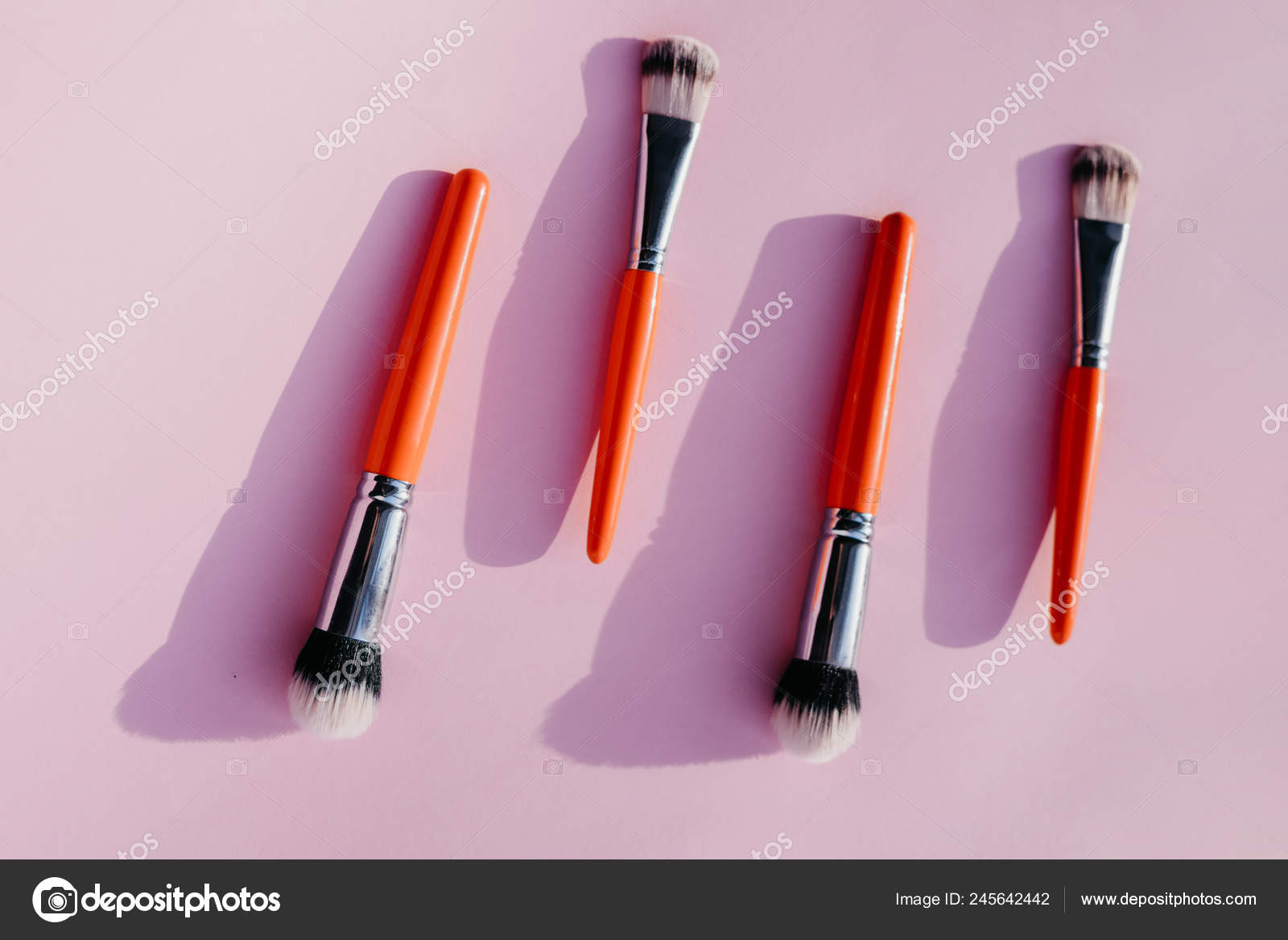 Set Brushes Makeup Orange Color Pink Background Stock Photo by