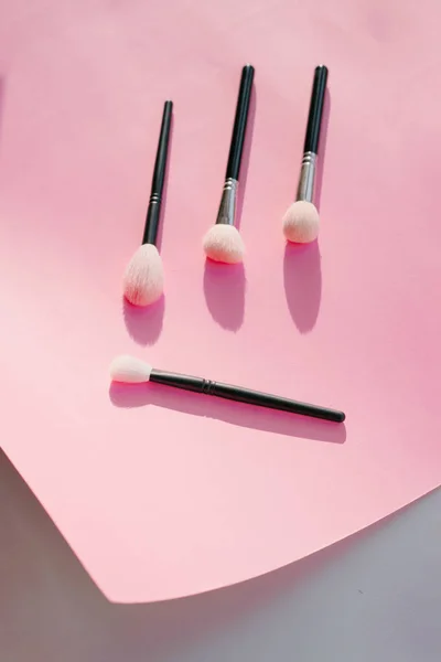 Expensive Set Brushes Makeup Black Color Pink Background — Stock Photo, Image