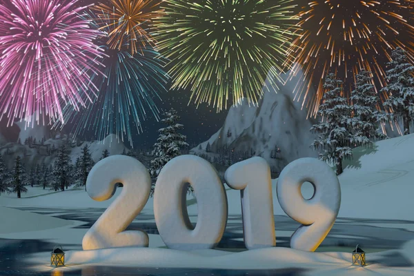 Year 2019 Sculpted Snow Fireworks Mountain Landscape Render — Stock Photo, Image