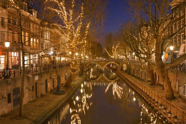 Der Oudegracht Kanal Utrecht Den Niederlanden Nachts — Stockfoto