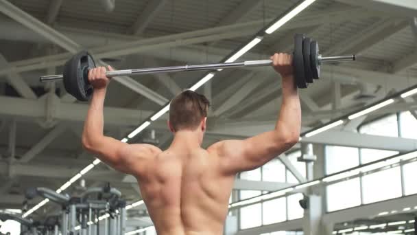 Rear view of young man with bar flexing muscles in gym — Stock Footage Rear view of young man with bar flexing muscles in gym Video Clip