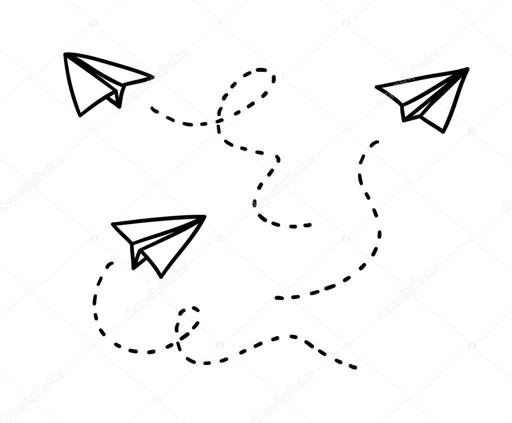Simple paper planes set with trace doodle style - isolated vector illustration